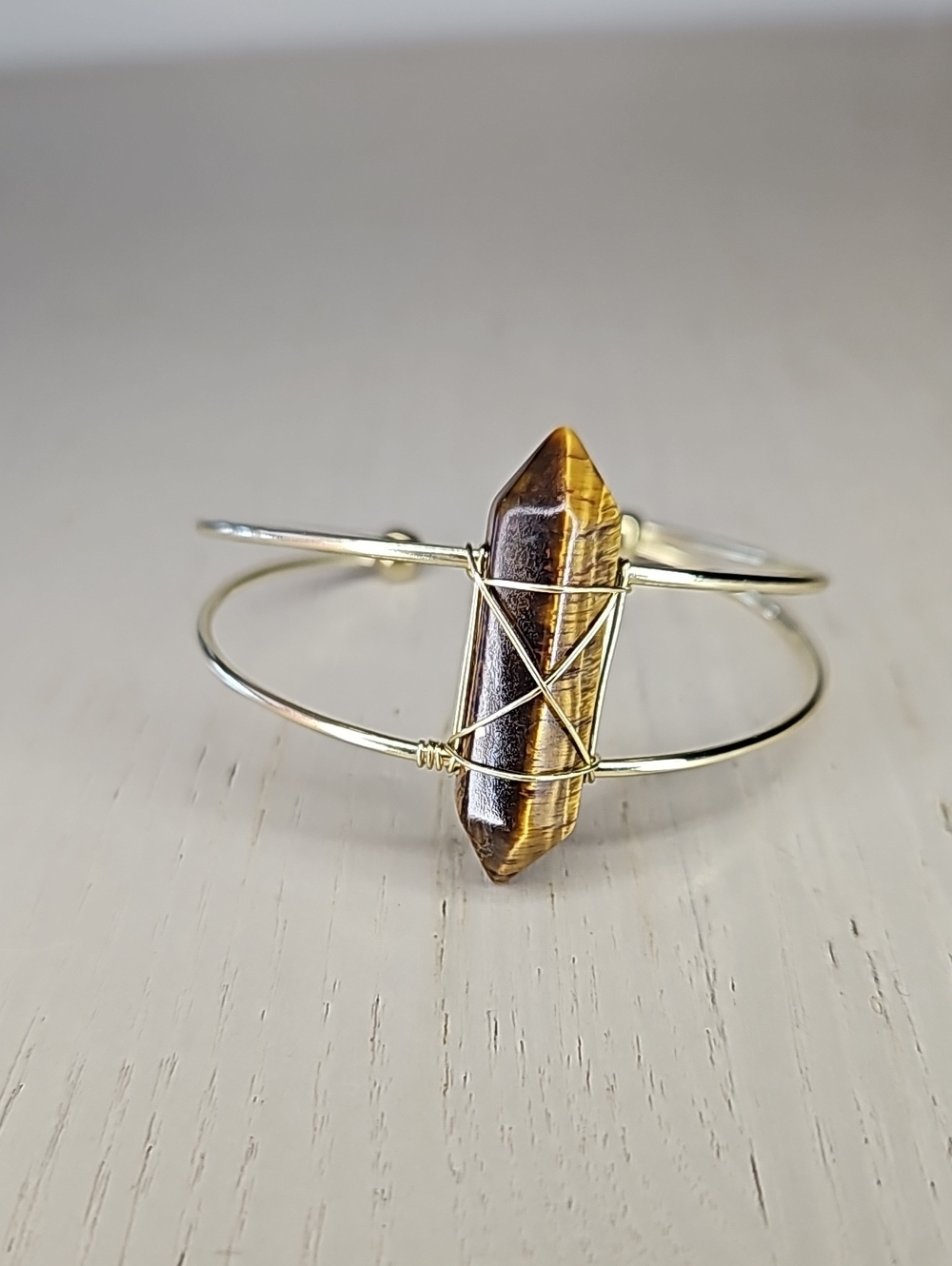 Gold Wire Wrapped Tiger's Eye Stone Bangle Bracelet